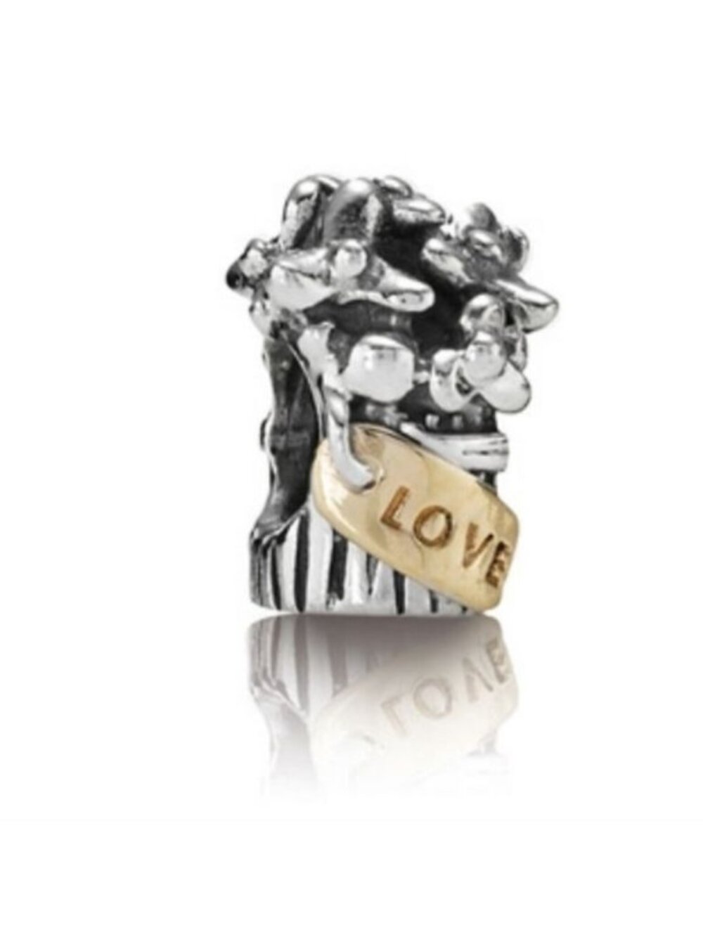 Pandora Retired Sterling Silver Flower Bouquet Bead w/ 14k Gold Love tag -790441